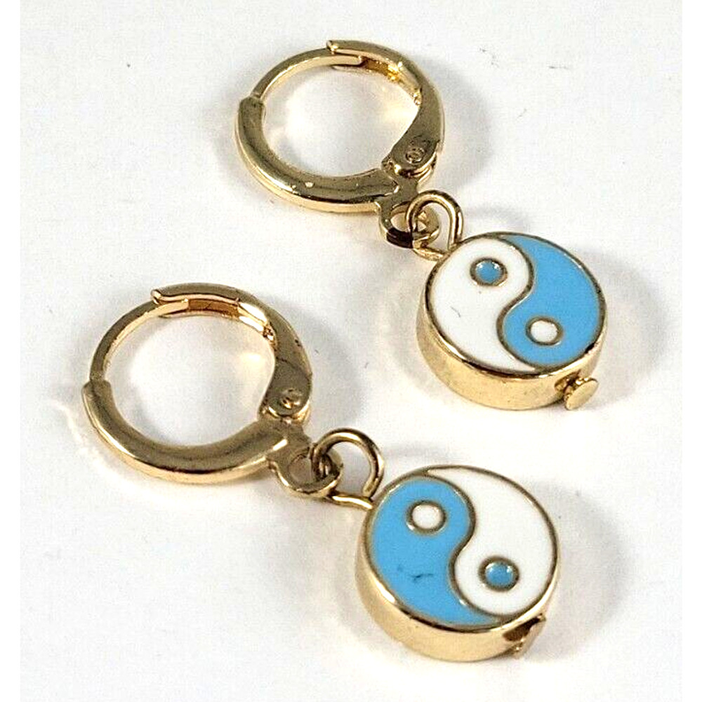 Blue and White Yin Yang Charm Huggie Leverback Earrings